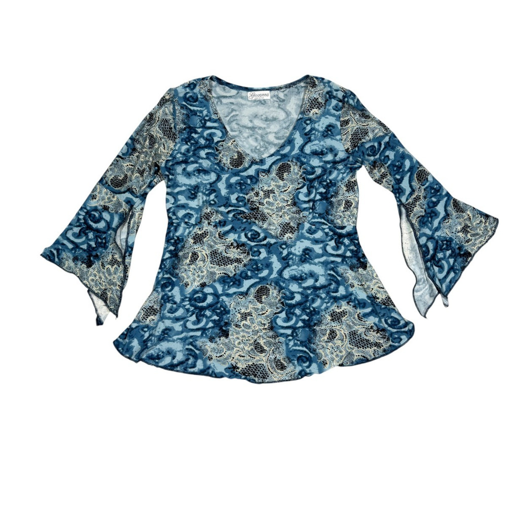 Vintage Y2K Giovanna Womens Floral Split Sleeve V-Neck Top